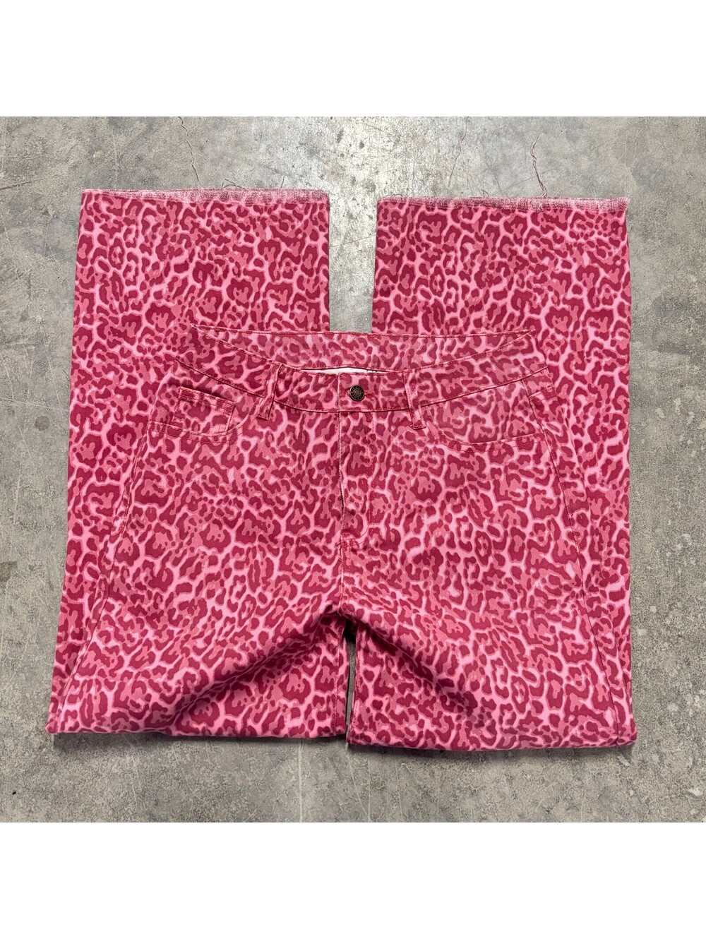 Pink Leopard Print Wide Leg Jeans Y2K Low Rise Raw Hem Denim Size 10